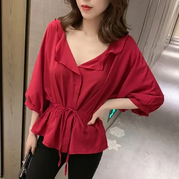 

Women Autumn V-Neck Shirt Slim Waist Blouse Blusa Female Fashion Blouse Shirt