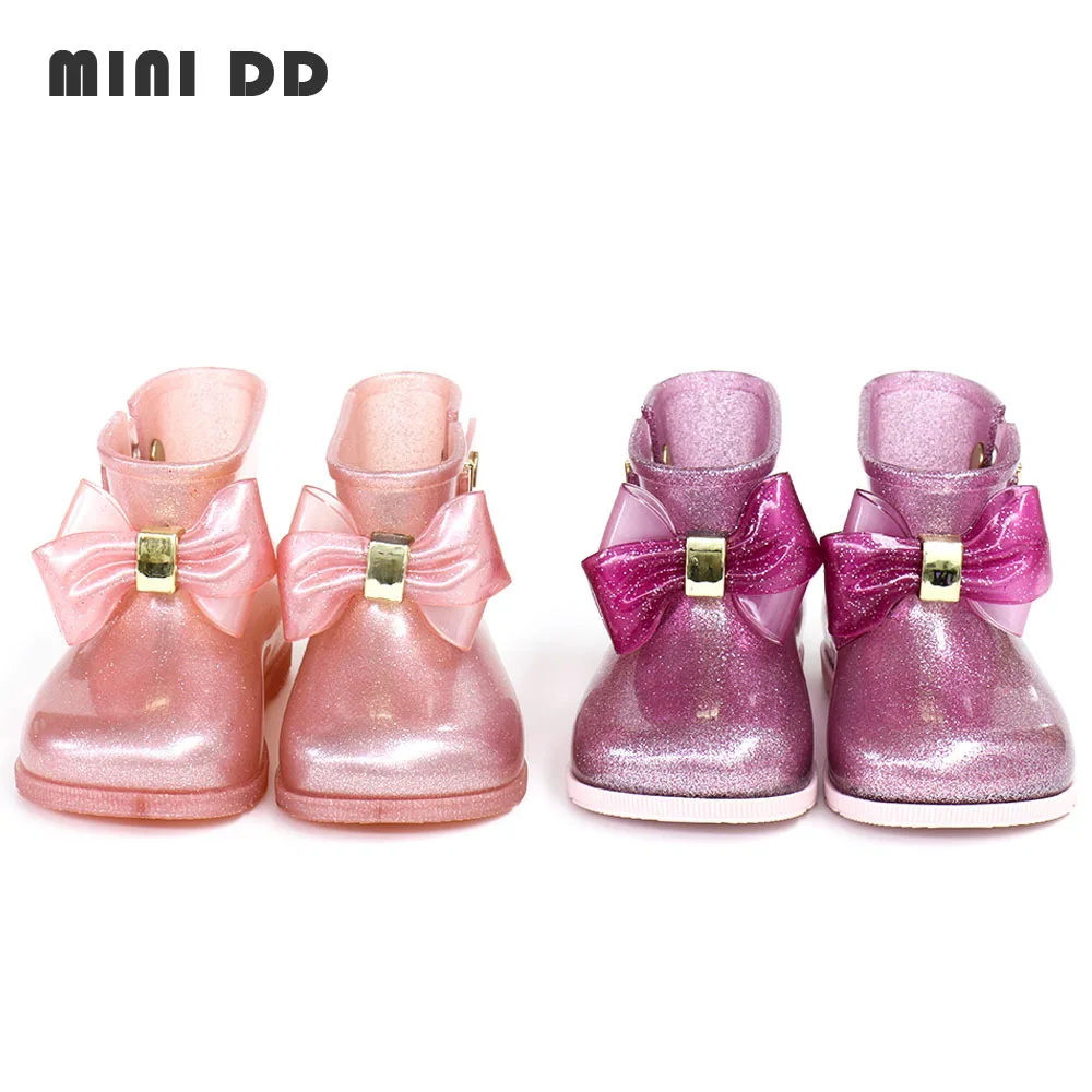 

Mini DD 2022 Children Rainboots Gilrs Fashion high quality Jelly shoes Sparkle princess bow shoes PVC non-slip rain boot DD018