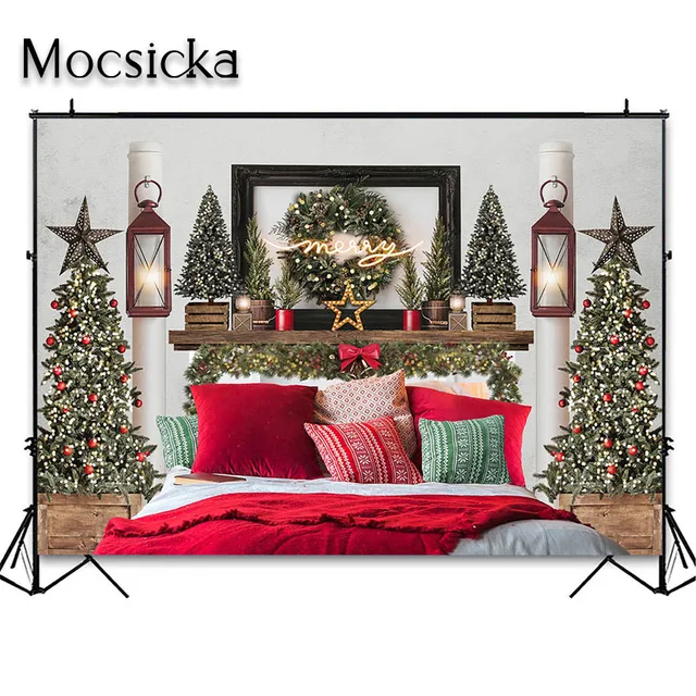 Mocsicka Christmas Bedroom Bedside Photography Backdrop Head of a Bed Xmas Background for Newborn Child Photoshoot Photocall 1