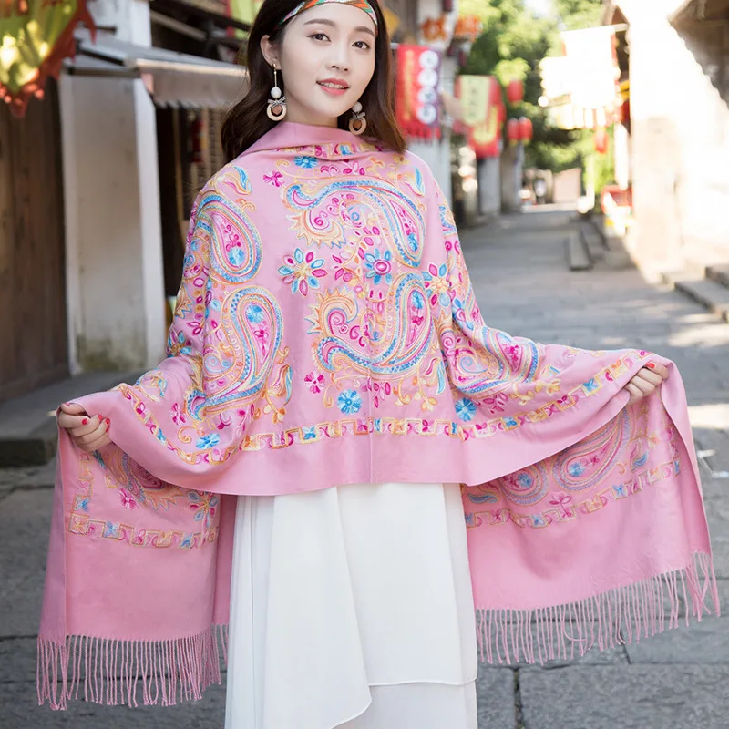  HanXi Ethnic Women Scarf Faux Cashmere Tassel Blankets Shawl Retro Embroidery Handkerchief Winter P