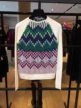 

Geometric Pattern Women's Sweater New Striped Color Stitching Half-High Collar Jacquard Women's Knitted Pullover Tops