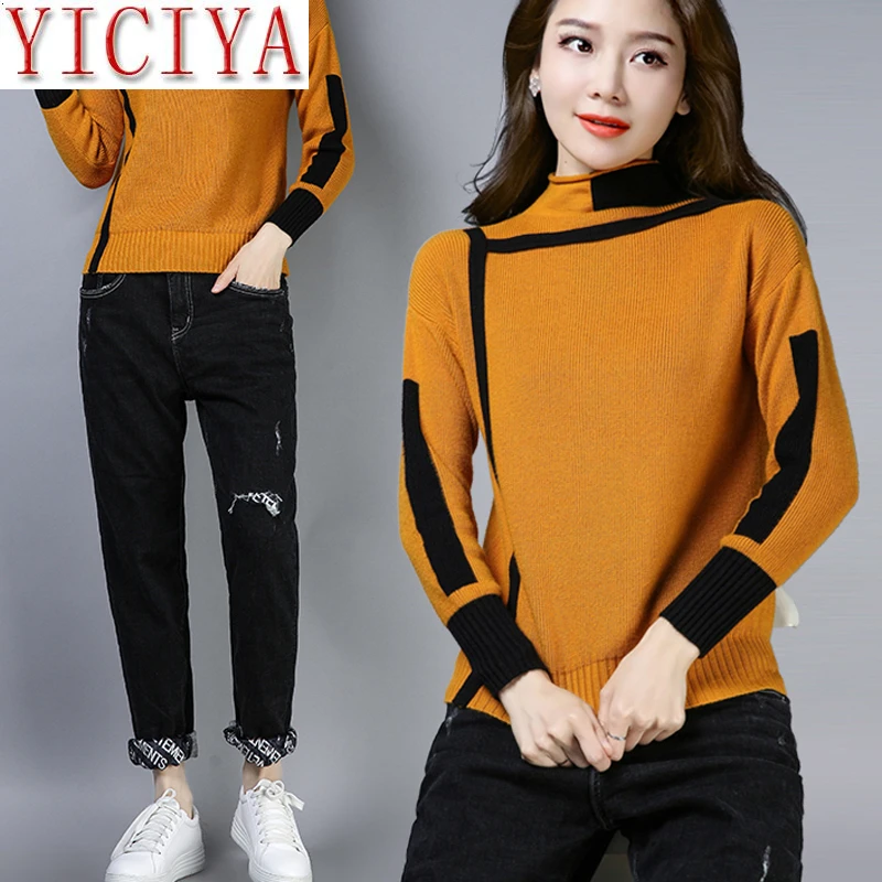 

Women Yellow Turtleneck Winter Patchwork Sweater Long Sleeve Knitted Warm Thick Sweaters And Pullovers Female Jumper Tricot Tops