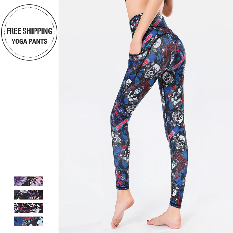 

Sfit Women Gym Leggings Faux Denim Jeans Leggings Pocket Printing Leggings Casual High Waist Pencil Pants Plus size Yoga Pants