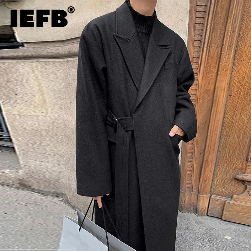 IEFB Men's Woolen And Mixtures Coat Autumn Winter Mid Long Thickened Korean Trend Loose Overcoat Male New Bandage Waist