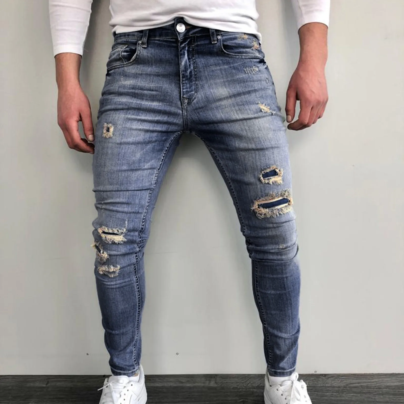 Vintage Men Hole Jeans Pants 2021 Autumn Fashion Casual Mid Waist Zipper Mens Jean Trousers Streetwear Pantalones De Hombre 1