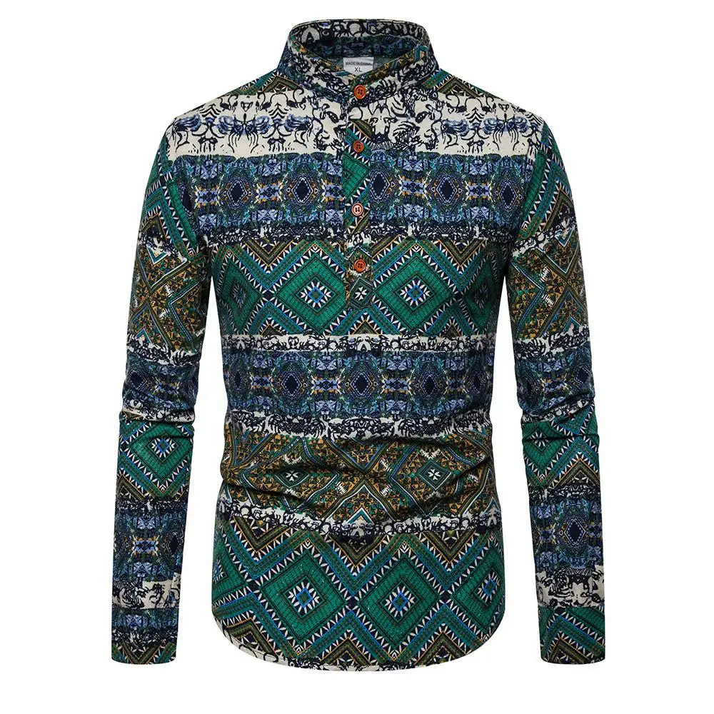 

Long sleeves Blouse Men Shirt Stay Stand collar Unique button design Linen Shirts Men Plaid pattern New