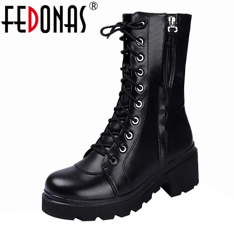

FEDONAS Winter Warm Shoes Woman High Heeled Punk Motorcycle Boots Women Genuine Leather Mid-calf Boots Night Club Shoes Female