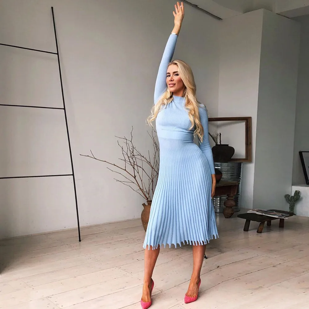 Vestido de punto plisado acanalado para mujer, suelto, de moda, con retazos, manga larga, cintura alta, de punto, vestido maxi femenino de otoño, nuevo