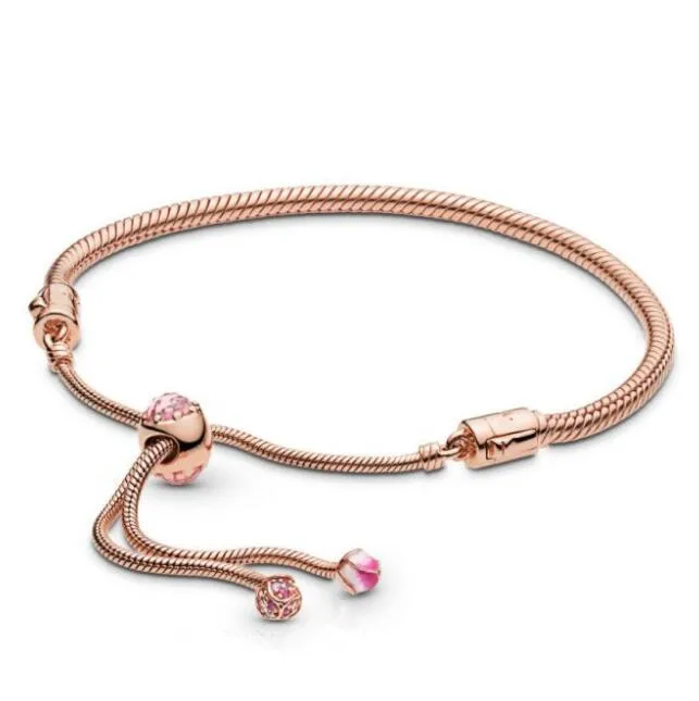 

Original 925 Sterling Silver Pan Rose Peach Blossom Flower Sliding Adjust Bracelet Bangle Fit Women Bead Charm Diy Jewelry
