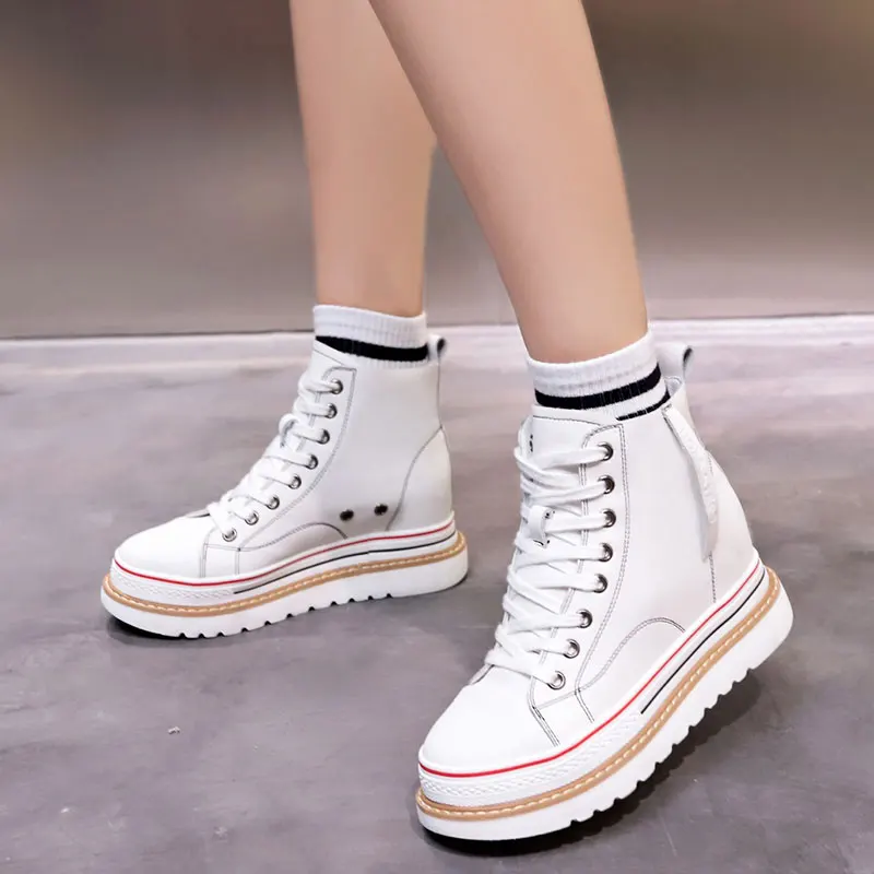 

Women Sneakers 2019 New Autumn Women Casual Shoes Platform Hidden Increasing Sneakers Breathable Leather Shoes High Top Sneakers