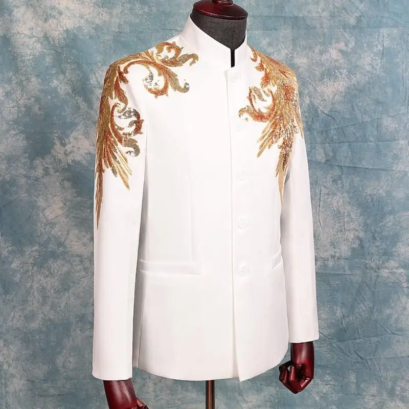 (Jacket+Pants) Chinese Style Men's Suits Sequins Embroidery Blazers Stand Collar Tuxedo Dress Singer Host Stage Costume 2 Pieces