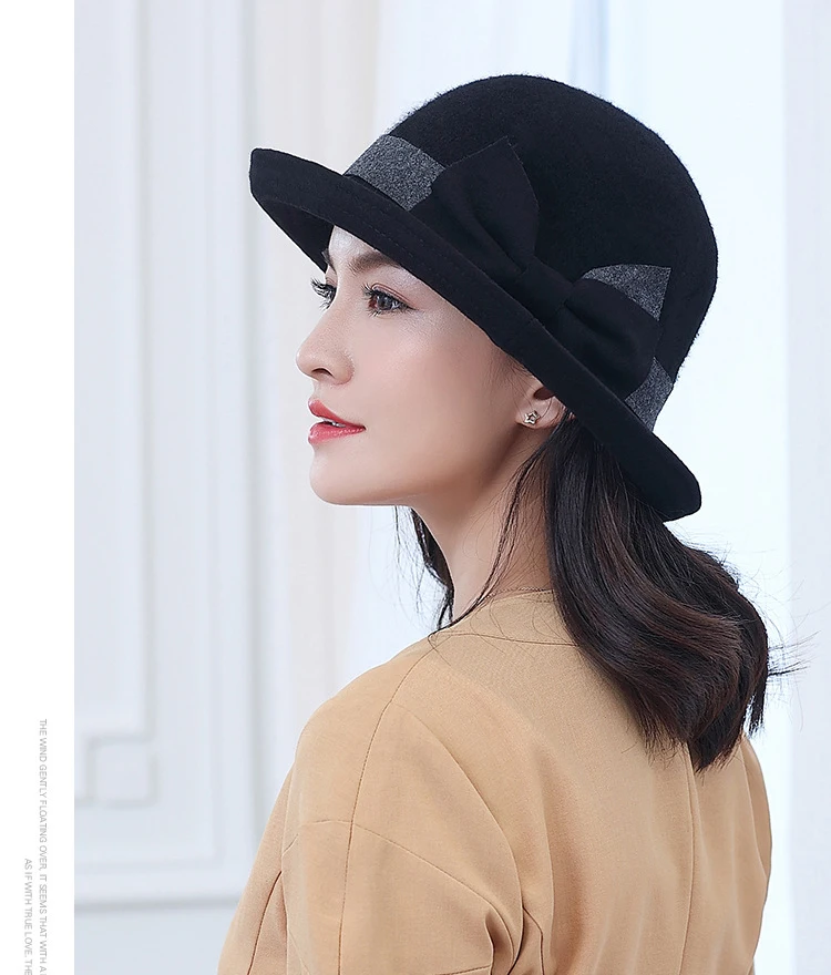 FS Fashion Gray Purple Women Wool Felt Bucket Hats Vintage Ladies Cloche Derby Bowler Cap with Bowknot Elegant Autumn Winter
