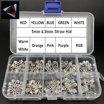 

100pcs 5mm 4.8mm Straw Hat Clear Warm White Green Red Blue Purple Yellow Orange Pink RGB DIY Light Emitting Diode Set Box