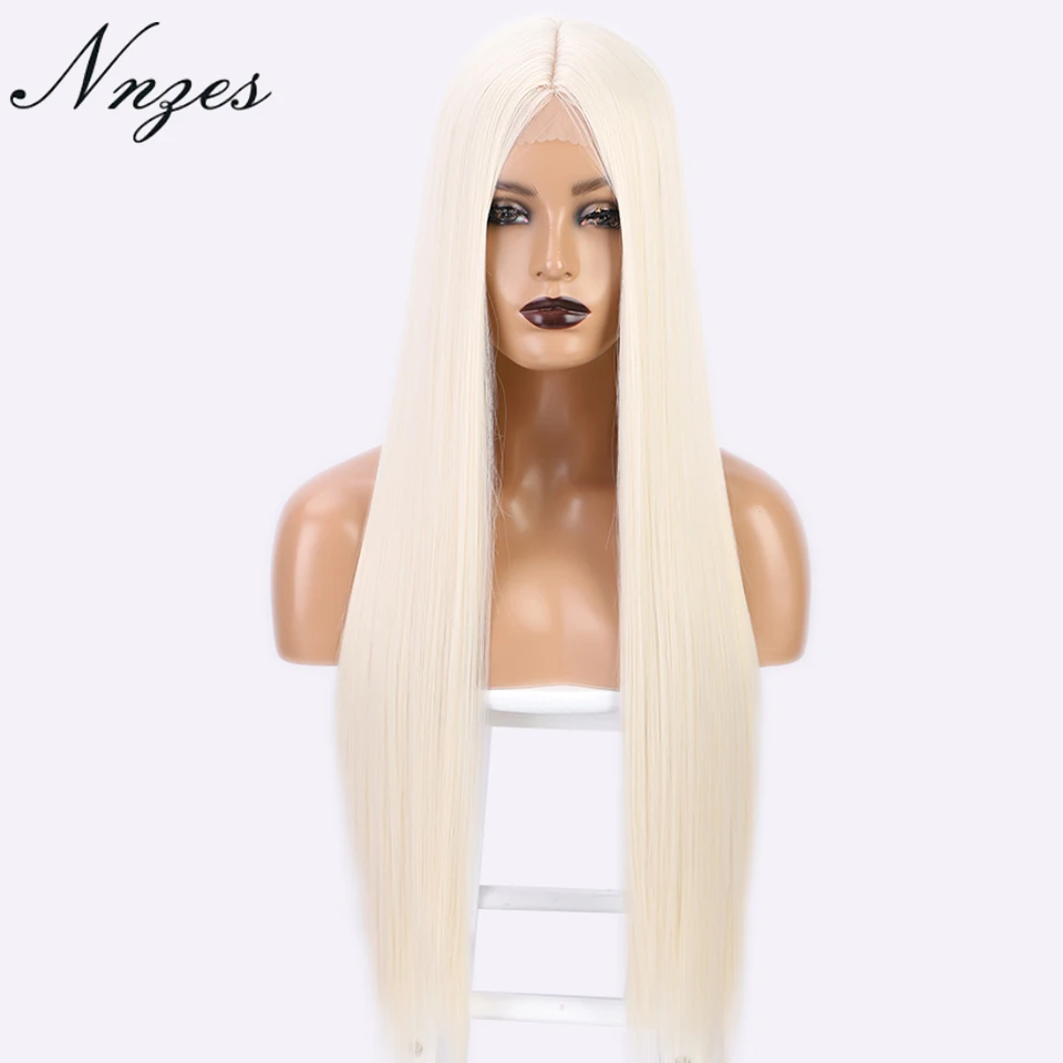 NNZES 24&30 Inches Synthetic Long Straight White Wig Middle Part Black Blonde Red Wig for Women Heat Resistant Fiber