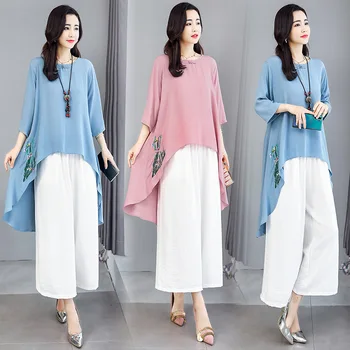 

two piece set women 2020 summer Chinese style ladies suit fashion cotton and linen tops wide-leg pants two-piece suit