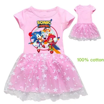 

Summer Cotton Sonic The Hedgehog Kids Dresses for Girls A-line Mesh Lace Kid Flower Princess Dress Cartoon Short Sleeve Vestidos