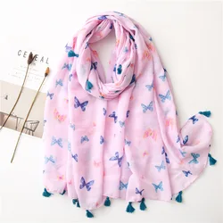 Lovely Animal Pink Butterfly Pattern Viscose Shawl Scarf New Spain Luxury Style Wrap Pashminas Stole Muslim Hijab Sjaal 180*90Cm