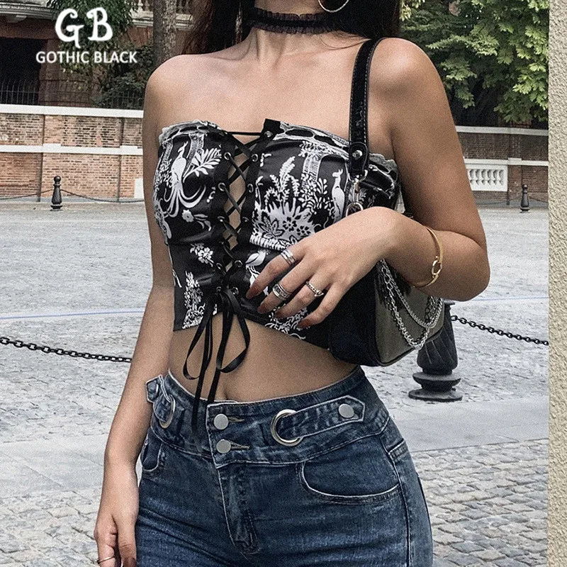 

Gothblack Sexy Lace Crop Tops Women Slash Neck Sleeveless Art Printing Bodycon Lace Up Tube Top Female Slim Backless Tops 2020