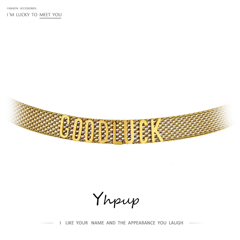Yhpup Stylish Unique Design GOOD LUCK Letter Collar Necklace joyería acero inoxidable mujer Jewelry Chain Collares 2021 | Украшения и