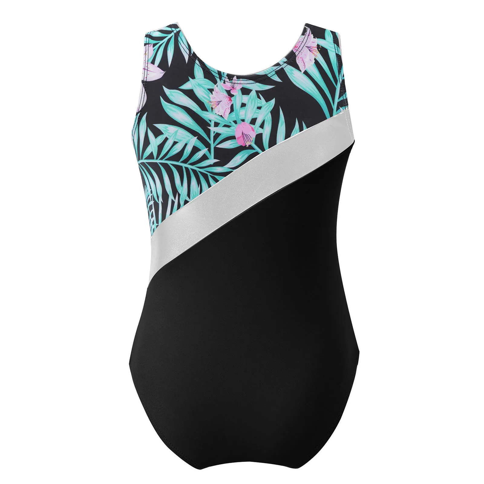 TiaoBug Kids Girls One-Piece Swimming Round Neck Sleeveless Patchwork Design Print Jumpsuit Bodysuit Dance Gymnastics Leotard