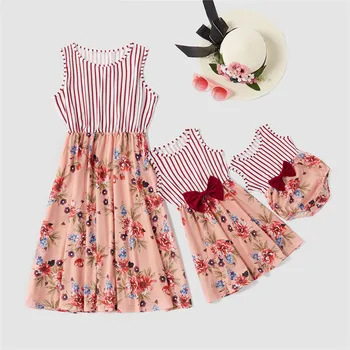 

Family look Mom and Daughter Cute Dresses Summer Striped Patchwork Floral Print Girl Dress Baby Girl Romper Mommy and me clothes