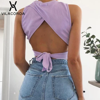 

Purple Round Neck Cotton Female Tank Top Backless Cross Bandage Hollow Out Crop Top Solid Sleeveless Bodycon Women Top Vest