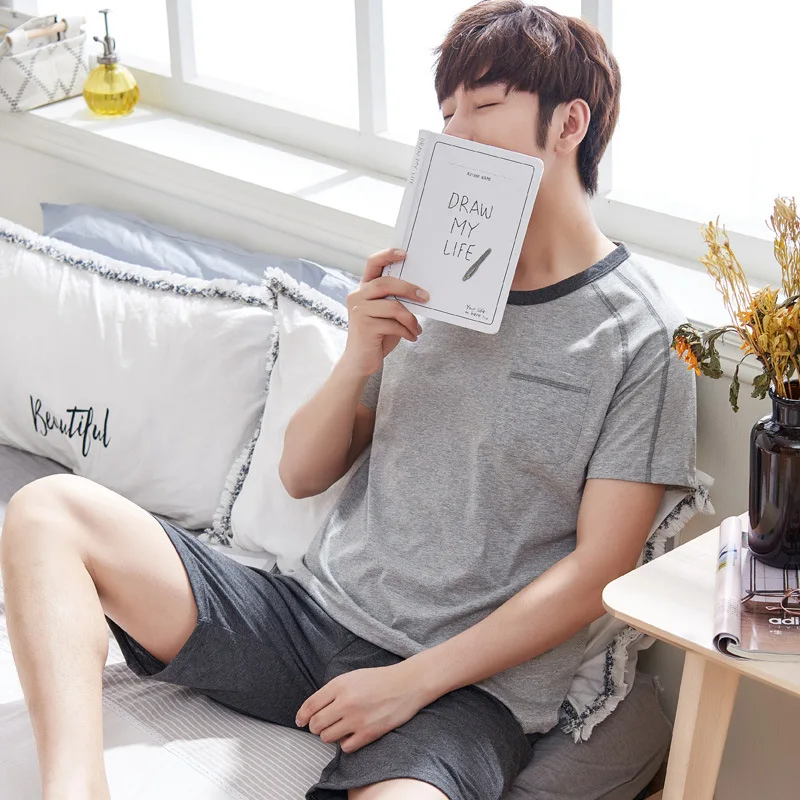 Pajama male summer short sleeve cotton qualitative pure color summer individual character tide takes home thin money suit