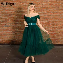 

SoDigne Green Tulle Prom Dress Off The Shoulder With Belt Women Simple Formal Party Dress Tea Length Evening Gowns