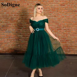 SoDigne Green Tulle Prom Dress Off The Shoulder With Belt Women Simple Formal Party Dress Tea Length Evening Gowns