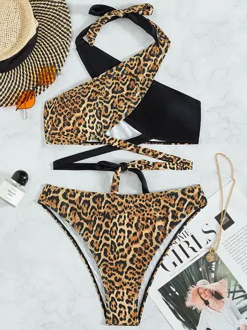High Neck Leopard Print Patchwork Bikini Set Women Cut Out Bandage Push Up Padded Swimwear Bathers Bathing Suit Swimsuit