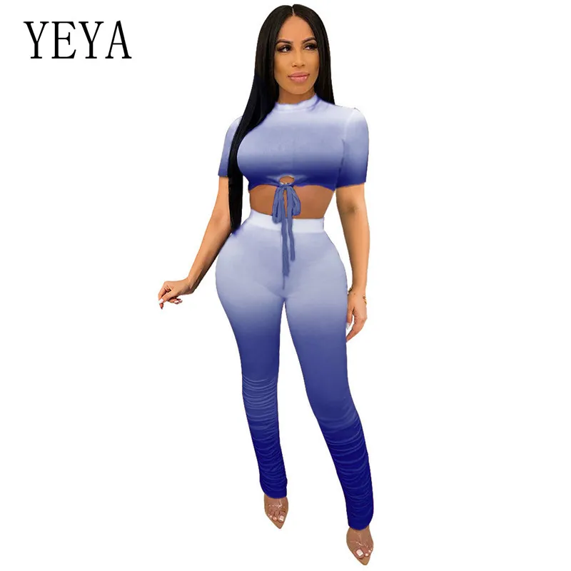 

YEYA Gradient Print 2 Piece Set Casual Summer Women Outfits Crop Top and Stacked Pants Matching Sets Bandage Tracksuit Female