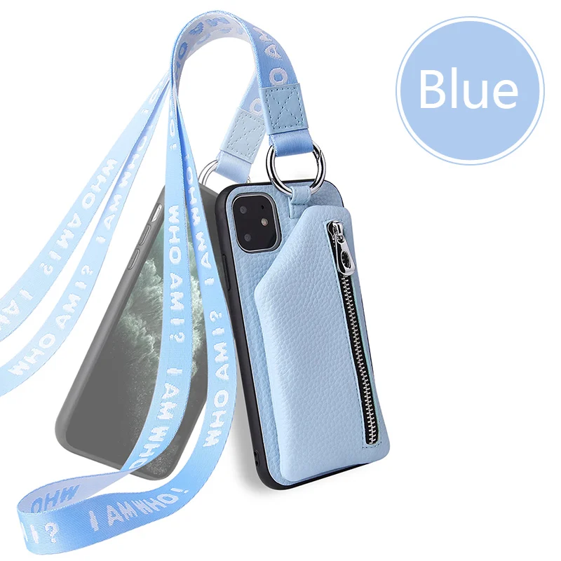 blue Модный кожаный чехол-бумажник для iphone 11 Pro, дизайнерский держатель для карт на молнии, чехол для iphone 6, 7, 8 Plus, X, XR, XS, Max, бесплатный ремешок - Цвет: blue