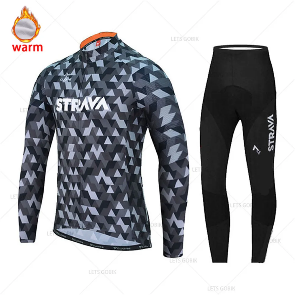 STRAVA зима флис сохраняет тепло с длинным рукавом Велоспорт Джерси велосипед длинные брюки набор для мужчин 19D Подушка Ropa Ciclismo Одежда для велоспорта