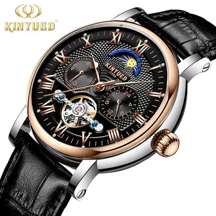 

KINYUED Mens Watches Automatic Top Brand Luxury Leather Strap Mechanical Alarm Wristwatch Male New Moon Phase Relogio Masculino
