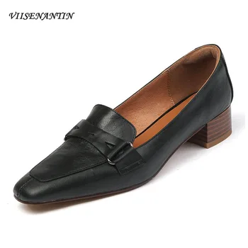 

Black Small Leather Shoes Female British Style Autumn New Retro Square Toe Mid-heel Thick Heel Simple Metal Decor Casual Shoes