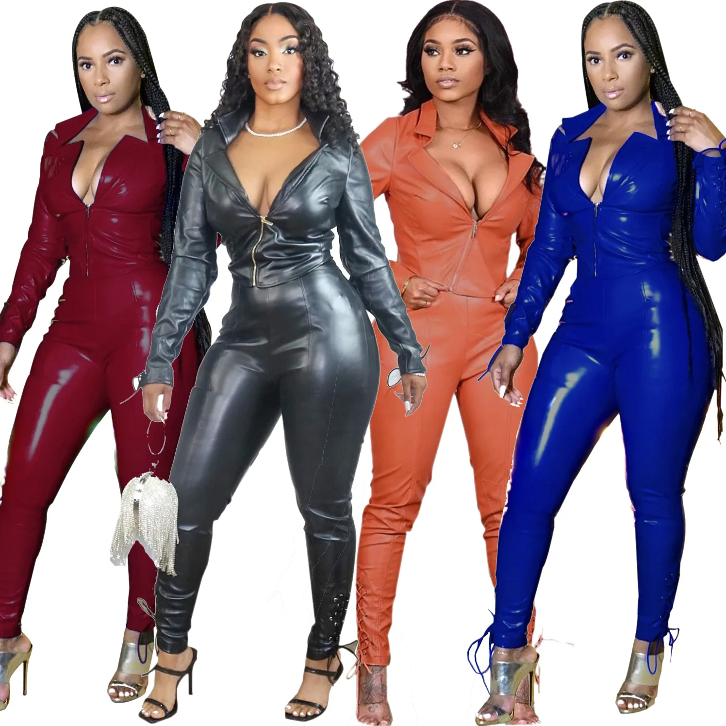 

Sexy Street Faux Leather Sweatsuit Women's Set Jacket Lace Up Pants Set Active Tracksuit PU Two Piece Fitness Outfit Set