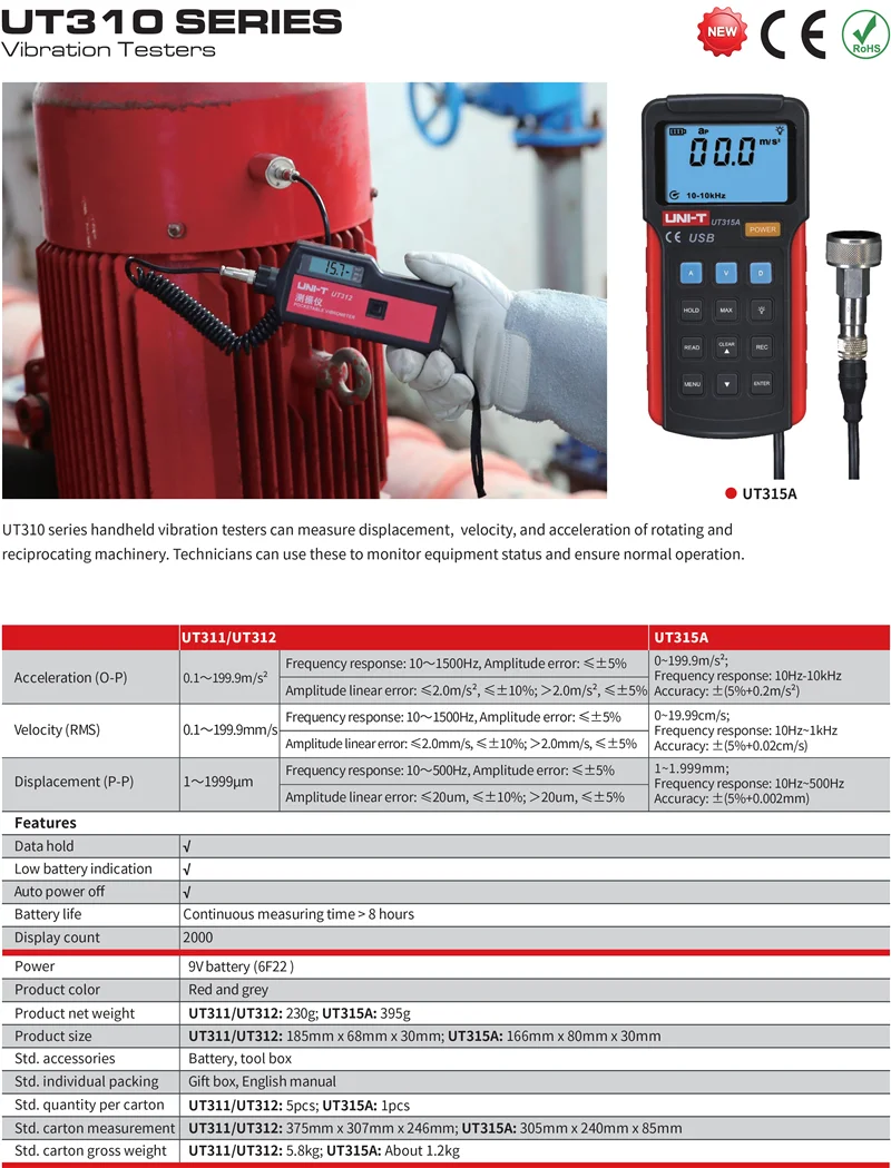 UNI-T UT315A Сплит тестер вибрации; Высокая точность портативный измеритель вибрации двигателя тестер вибрации/USB передачи данных