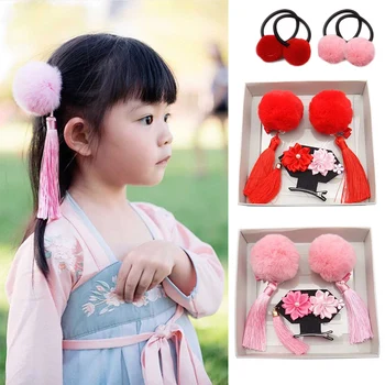 

Chinese Style Hair Accessories Kit 1 Pair Hairy Furry Balls Bows Tassels Hair Clips with 1pcs Qing Dynasty Princess Barrettes