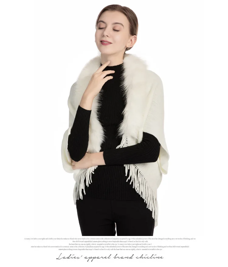 OMEA Fur Collar Poncho Women Winter Knitted Pullover Poncho with Tassel Women Shawl Solid Color Female Ponchos and Capes Ladies