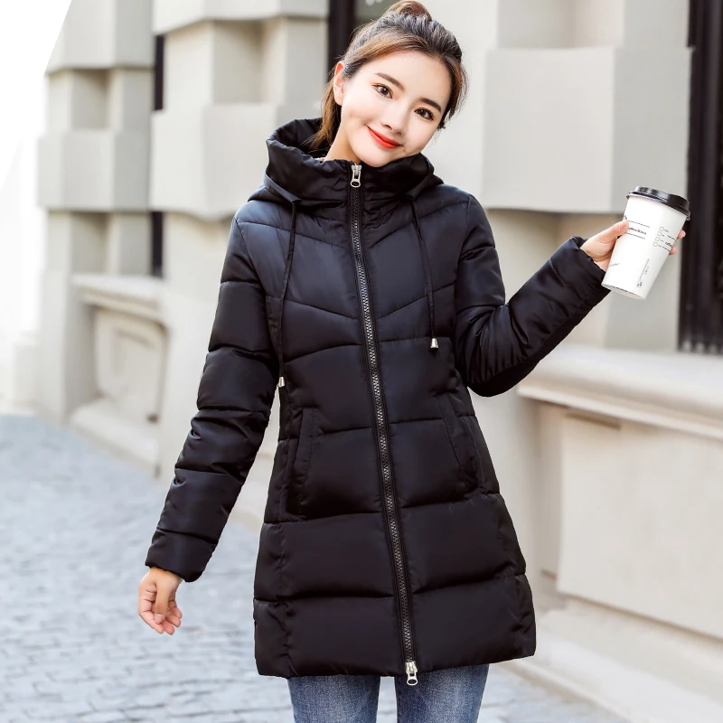 Модная женская куртка с капюшоном из хлопка, теплое плотное зимнее пальто, однотонная повседневная куртка, Женская парка, ветрозащитная верхняя одежда для студентов - Цвет: black
