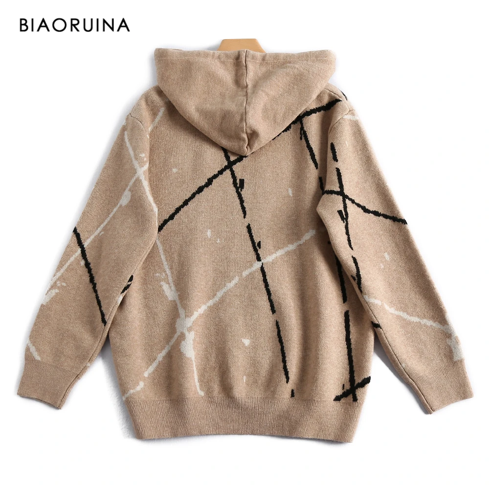 BIAORUINA Women's Casual All-match Mixed Stripes Knitted Hoodies Fashion Winter Fashion Straight Sweatshirt Active Wear One Size