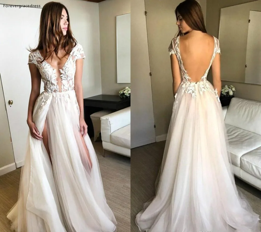 2018 Summer Boho Tulle Wedding Dresses Sexy Deep V Neck Lace Appliques Backless Wedding Gowns with High Split Beach Bridal Gowns BA7757  135