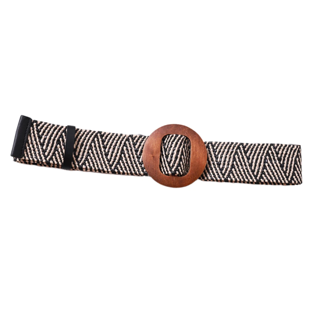 Women Braided Straw Waistband Cinch Belt with Round Wooden Buckle