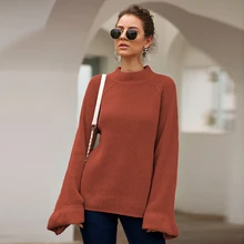Women Baggy High Collar Flare Sleeve Fashion Pullover Simple Casual Knitted Sweater Ladies Winter Clothes Pull Femme Nouveaute