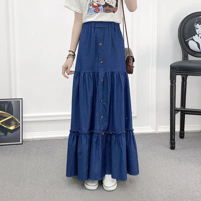 

Women 90cm Length Denim Tiered Maxi Skirt Spring Summer Casual High Waisted Washed Loose Long Cake Jeans Skirts