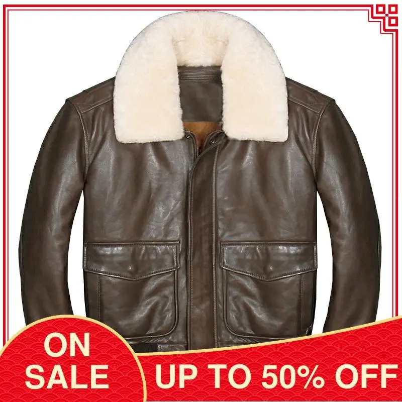 Мужская летная куртка из овечьей шкуры USAF коричневая пилот натуральной кожи с