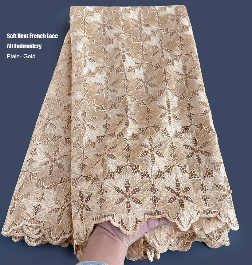 Soft Neat Embroidery Plain Gold French Lace Guipure Solid African Couple Lace Tulle Fabric High Quality 5 yards For Wen Women