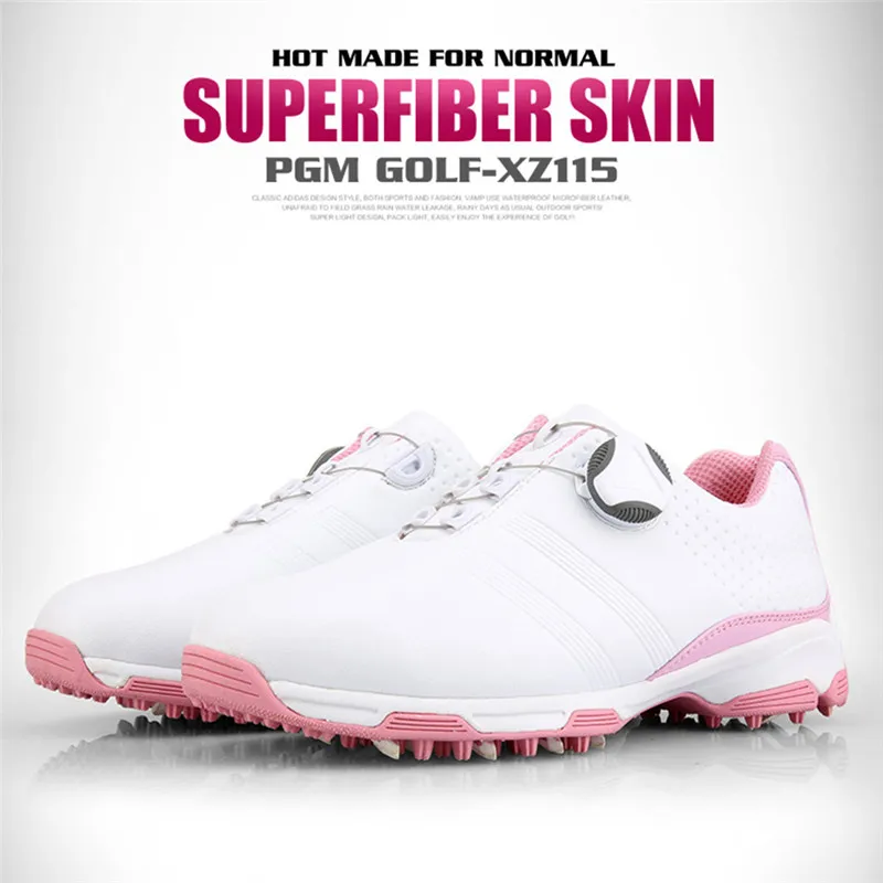 Pink PGM Outdoor Ladies Breathable Rotating Buckle Golf Shoes Women Auto Lacing Waterproof Microfiber Anti-slipGolf Sneakers - Цвет: Pink