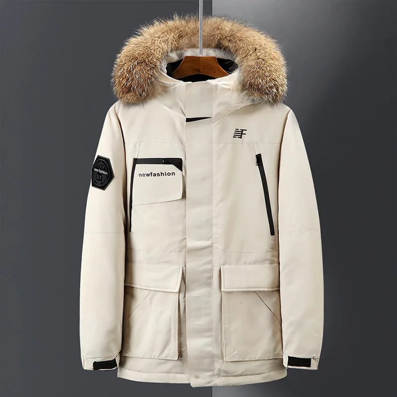 

Men's hooded down jacket loose and thickened mid long white duck down coat fashion winter warm coat fur collar M to 3XL