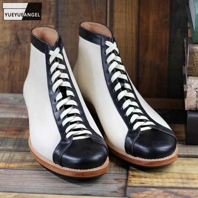 

Black White Mixed Colors High Top Shoes Men Handmade 100% Genuine Leather Boots Cross-Tied Retro Men Motorcycle Boots 37-45